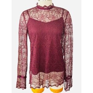 THEORY Wm M Burgundy Polyamide Lace Long Sleeve Scalloped Neck Two Piece Blouse